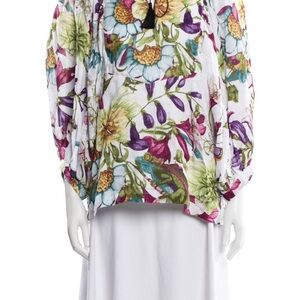 SAMANTHA SUNG White Floral Peasant Top with Purple, Green and Teal Accents